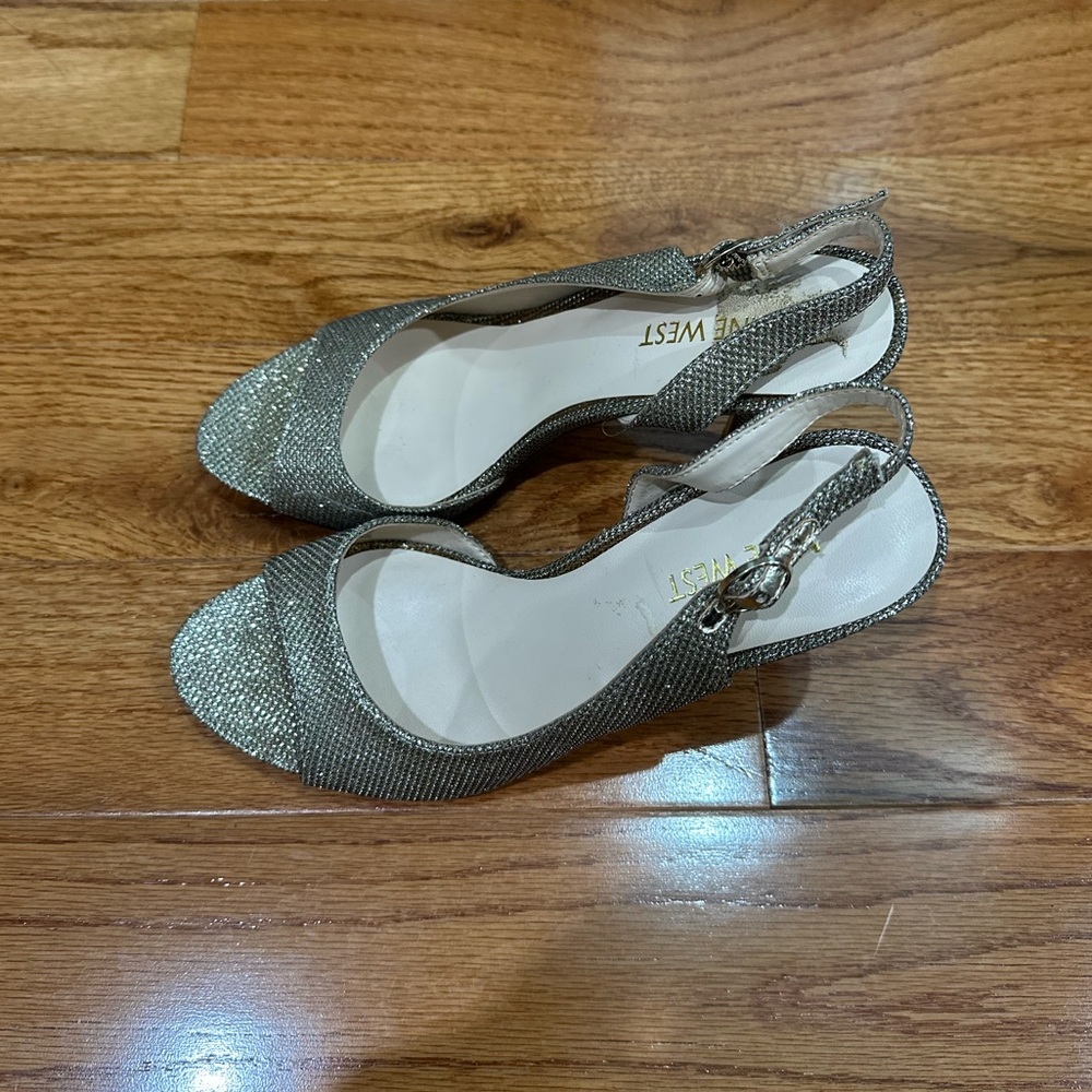 Nine West Silver Peep-Toe Slingback Heels - Picture 3 of 5
